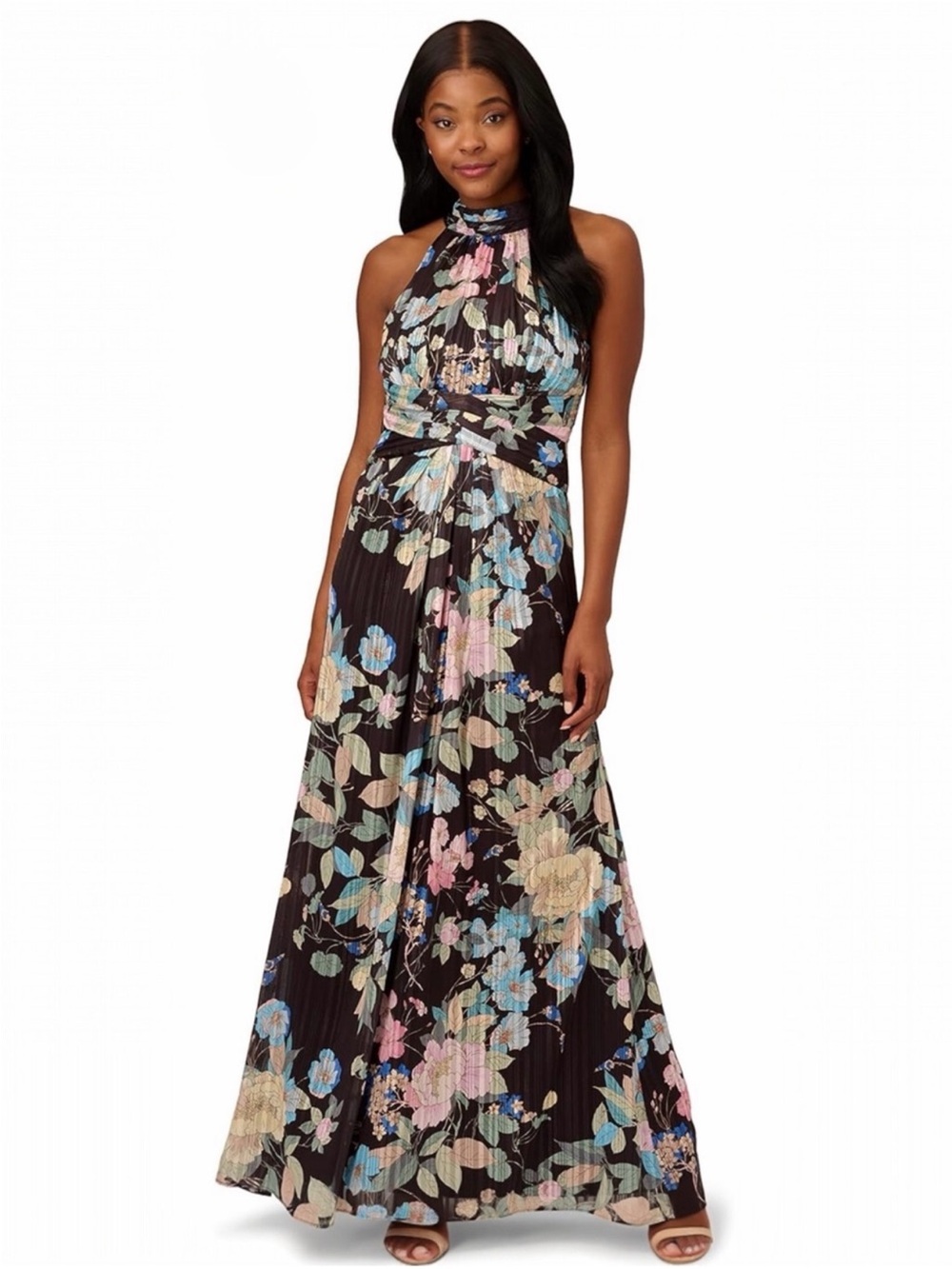 Adrianna Papell Black Floral Halter Maxi Dress with Pastel Blooms